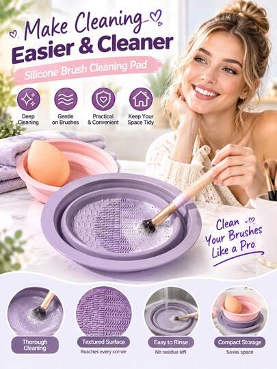 2pcs Silicone Foldable Purple Makeup Brush Cleaner, Suitable For Beauty Tools And Makeup Sponges, Makeup Sponge Cleaning Bowl, Puff Makeup Blender Cleaning Silicone Mat, Household Essential, Low Allergy, Fragrance-Free, Manual Operation, No Battery Required, Deep Cleaning And Maintenance For Makeup Brushes And Sponges