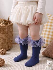 1 Pair Baby Girl Mesh Ruffle Mid-Calf Socks, Navy Blue Princess Lace Slouch Socks, Versatile Infant Toddler First Birthday Outfit Long Socks - Navy Blue - View 4