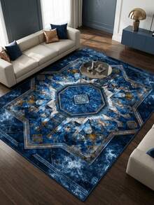 1PC Deep Blue & Gold Vintage Symmetrical Totem Retro Luxury Crystal Velvet Rectangular Area Rug, Distressed Mottled Artistic Details, Machine Washable, Suitable For Living Room, Bedroom Home Decor, All Seasons, Aesthetic Home Decoration - Multicolor - View 1
