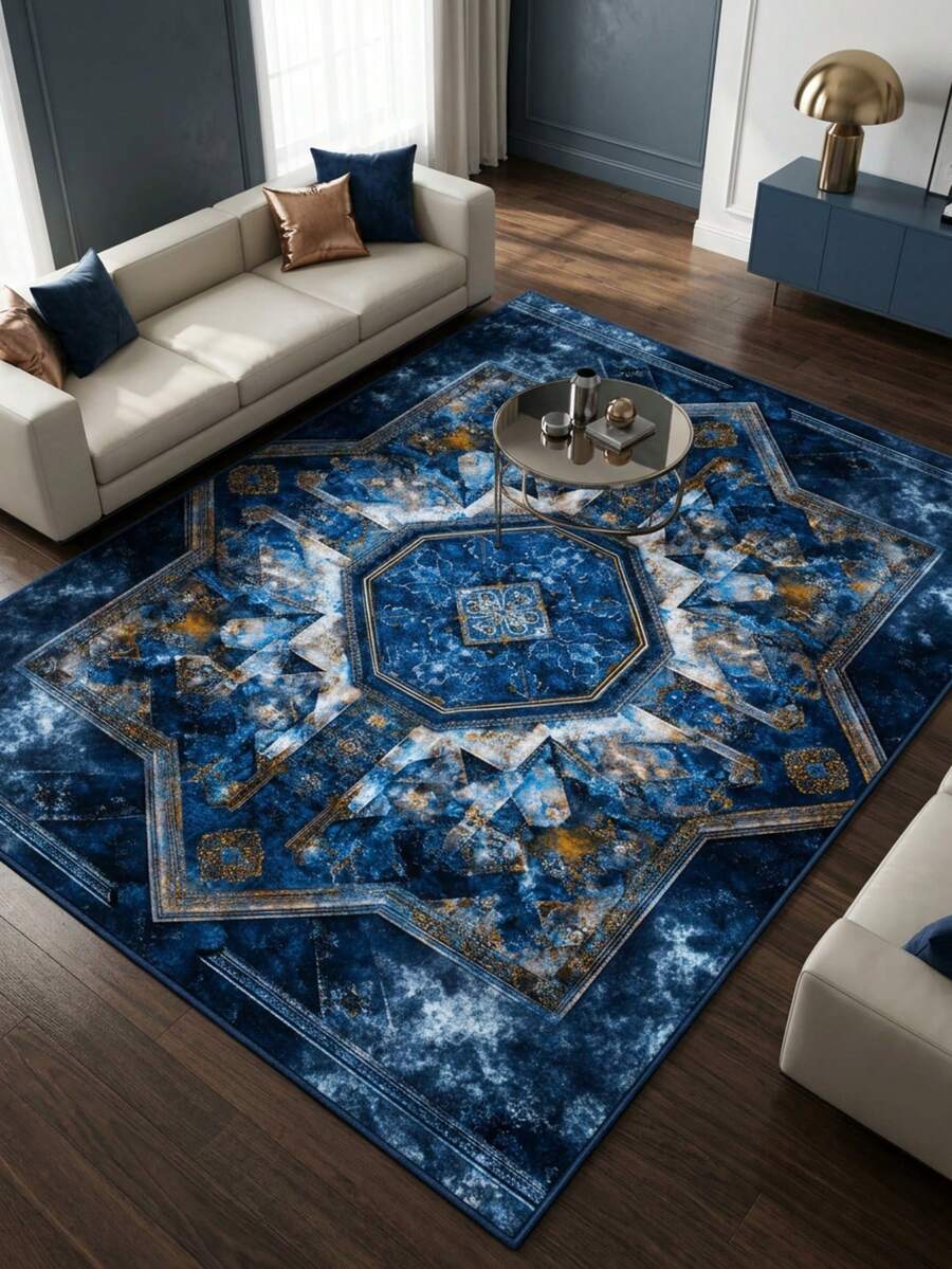 1PC Deep Blue & Gold Vintage Symmetrical Totem Retro Luxury Crystal Velvet Rectangular Area Rug, Distressed Mottled Artistic Details, Machine Washable, Suitable For Living Room, Bedroom Home Decor, All Seasons, Aesthetic Home Decoration - Multicolor - View 1