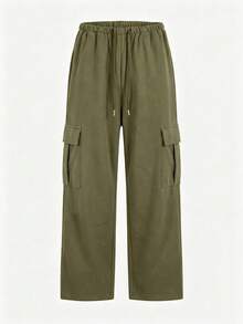 Pantalon cargo à jambes larges en daim vert pour femmes, automne/hiver, taille élastique avec cordon de serrage, pantalon décontracté ample et fluide, pantalon long décontracté - Militaire verte - Voir 4
