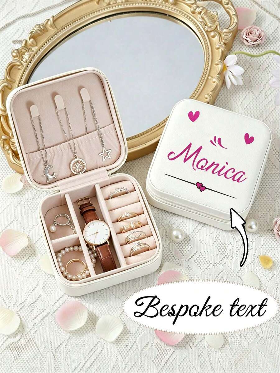 Personalized Custom Name Jewelry Box, Heart Pattern Portable Travel Jewellery Storage Case, Small Earring Ring Necklace Organizer, Christmas Birthday Gift For Women - Multicolor - View 1