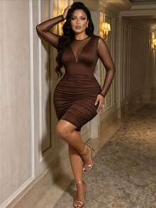 BIUBIU Women's Plus Size Sexy Fitted Knit Brown Ruched Mini Dress, Sheer Long Sleeve, High Elasticity Slim Fit Cut, Create Stunning Look - Brown - View 6