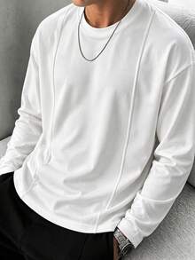Men's White Vertical Stripe Deconstructed Design Crew Neck Long Sleeve T-Shirt, Breathable Knit Fabric, Regular Fit, Suitable For Daily Layering - White - View 4
