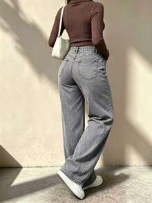Women's Mid-Waist Grey Washed Wide Leg Jeans, Loose Straight Leg Denim Pants, Vintage Drape Floor-Length Trousers - Grey - View 4