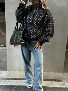 Blogger New Autumn Plus Size Women's Polka Dot Pattern Drawstring Loose Fit White Casual Everyday Wear - Black - View 3