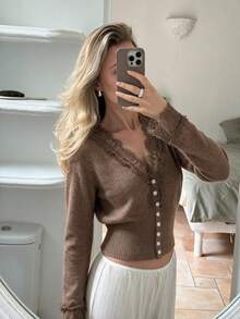 NOVELLE Women's Pure Desire Style Lace Patchwork Knit Cardigan, Autumn Winter Waist V-Neck Button Front, For Daily, Going Out, Commute And Dating - Brown - View 3