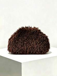 Women Clutch Handbag,Plain Faux Long Curly Mongolian Fur,Top Opening,Portable Storage,Luxury Fluffy Style,Evening Party Fall Winter Bag For Ladies - Coffee - View 3