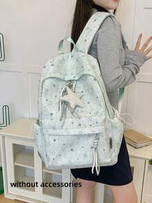 Star Print Heathered Backpack + Large Capacity Lightweight + Teen Girls School Daily + Grey Aesthetic Preppy Casual Backpack - Multicolor - View 5