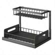 1 Set Under Sink Storage Rack, L-Shaped Pull-Out Cabinet Organizer, 2-Tier Metal Slide-Out Shelf For Kitchen, Bathroom, Laundry Room And Deep Cabinets, Black - Multicolor - View 9
