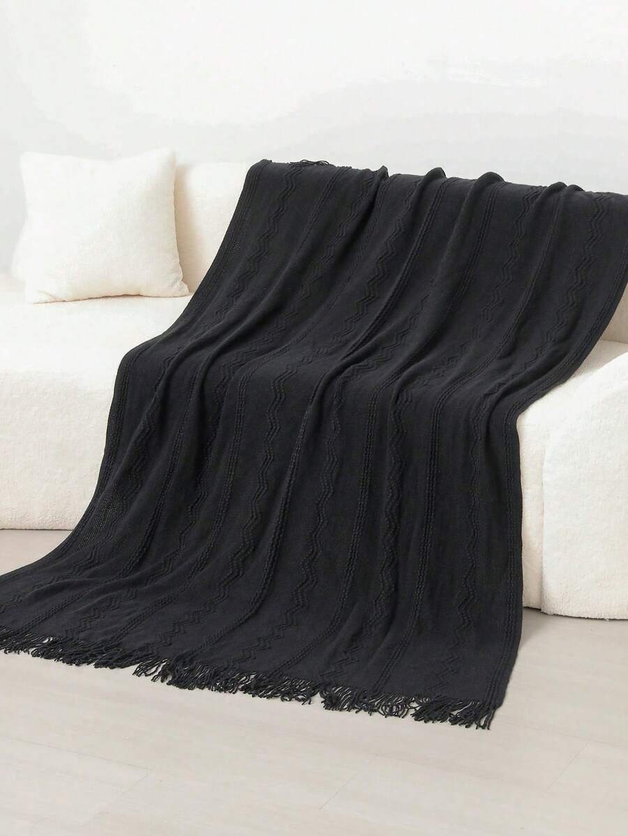 A Wave Pattern Bedspread, Nordic-Style Acrylic Rectangular Tassel Solid Color Sofa Bed Cover Decorative Knitted Blanket For Nap - Vertical Three Bend Black - View 1