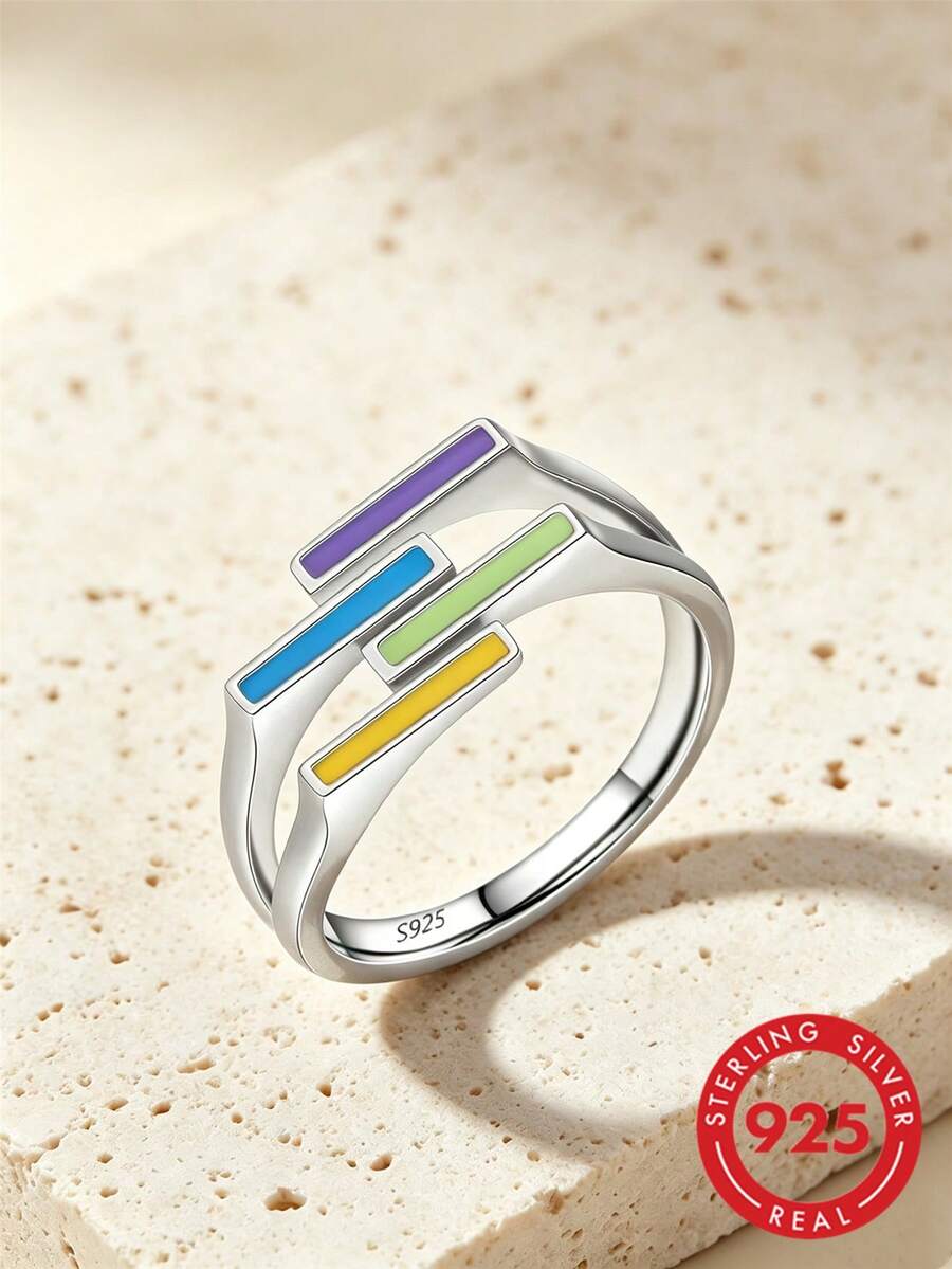 1pc Unique Personalized Pure Silver Colorful Enamel Ring, Women's Date Party Gift, Birthday Gift - Silver - View 1