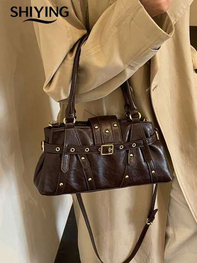 1pc Solid Color PU Leather New Women's Bag, Shoulder Bag, Crossbody Bag, Fashion Square Handbag, Boston Bag, Zipper Closure, Dual Handles, Suitable For Commuting, Shopping, Dating