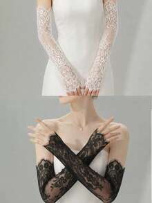 1 Pair Women's Vintage Lace Long Arm Sleeves, Suitable For Wedding Evening Party - White - View 12