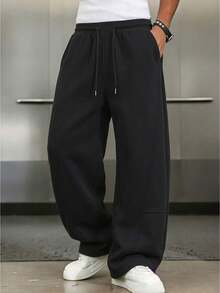 Black Sweatpants For Men, Baggy Sweatpants, Wide Leg Sweatpants, Track Pants, Athletic Pants, Drawstring Waist, Side Pockets, Open Hem, Streetwear - Black - View 1