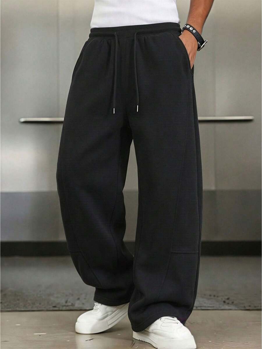 Black Sweatpants For Men, Baggy Sweatpants, Wide Leg Sweatpants, Track Pants, Athletic Pants, Drawstring Waist, Side Pockets, Open Hem, Streetwear - Black - View 1