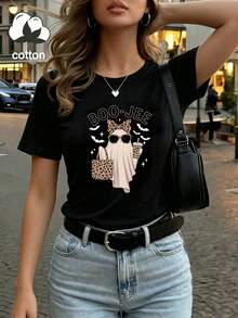 Washed Cotton Plus Size Women's Casual Loose Comfortable Round Neck Top, Spring/Summer, Plus Size - Black - View 5