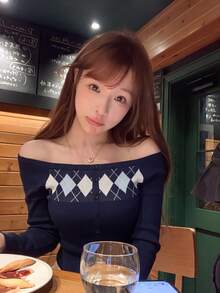Women's Cold Shoulder Argyle Jacquard Knit Sweater, Royal Blue, Sexy Style, Button-Front, Slit Waist, Slim Fit, Long Sleeve Top - Royal Blue - View 3
