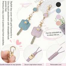 PU Leather Retractable Keychain With Key Cover, 40cm Pull Cord Key Pendant, Snap Button Protective Key Case, Anti-Scratch Key Protector With Lobster Clasp, Suitable For Daily Use - Leather Keychain Case - View 1