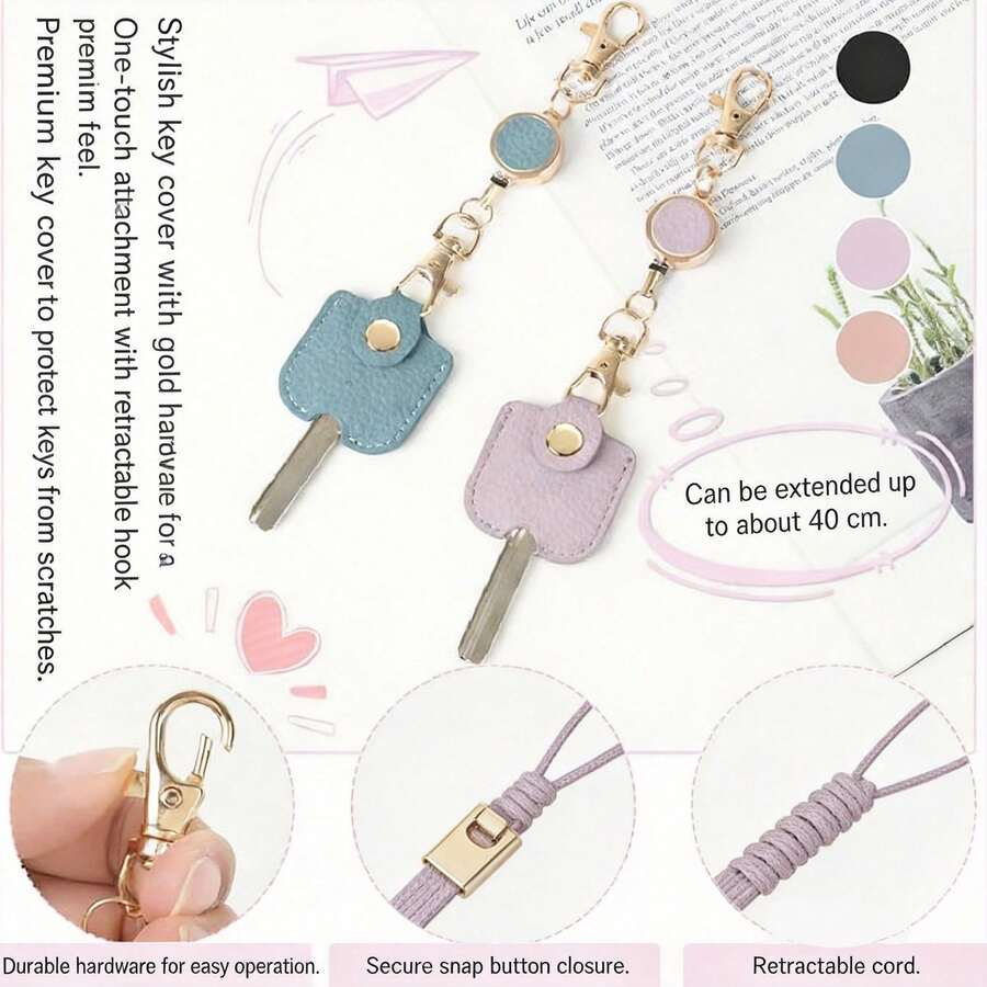 PU Leather Retractable Keychain With Key Cover, 40cm Pull Cord Key Pendant, Snap Button Protective Key Case, Anti-Scratch Key Protector With Lobster Clasp, Suitable For Daily Use - Leather Keychain Case - View 1