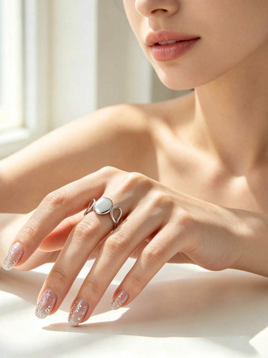 1pc Elegant Silver 304 Stainless Steel Round Polished Hollow Open Adjustable Ring, Suitable For Women's Daily, Vacation And Seasonal Wear - Silver - View 1