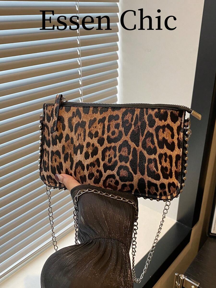 1pc Brown Vintage Leopard Print PU Envelope Crossbody Bag For Women
