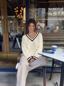 Sookaug Damen Vintage Preppy gestreifter V-Ausschnitt Pullover Cricket Strick Pullover Lässig locker schlankmachendes Top - Hellgelb - Übersicht 4