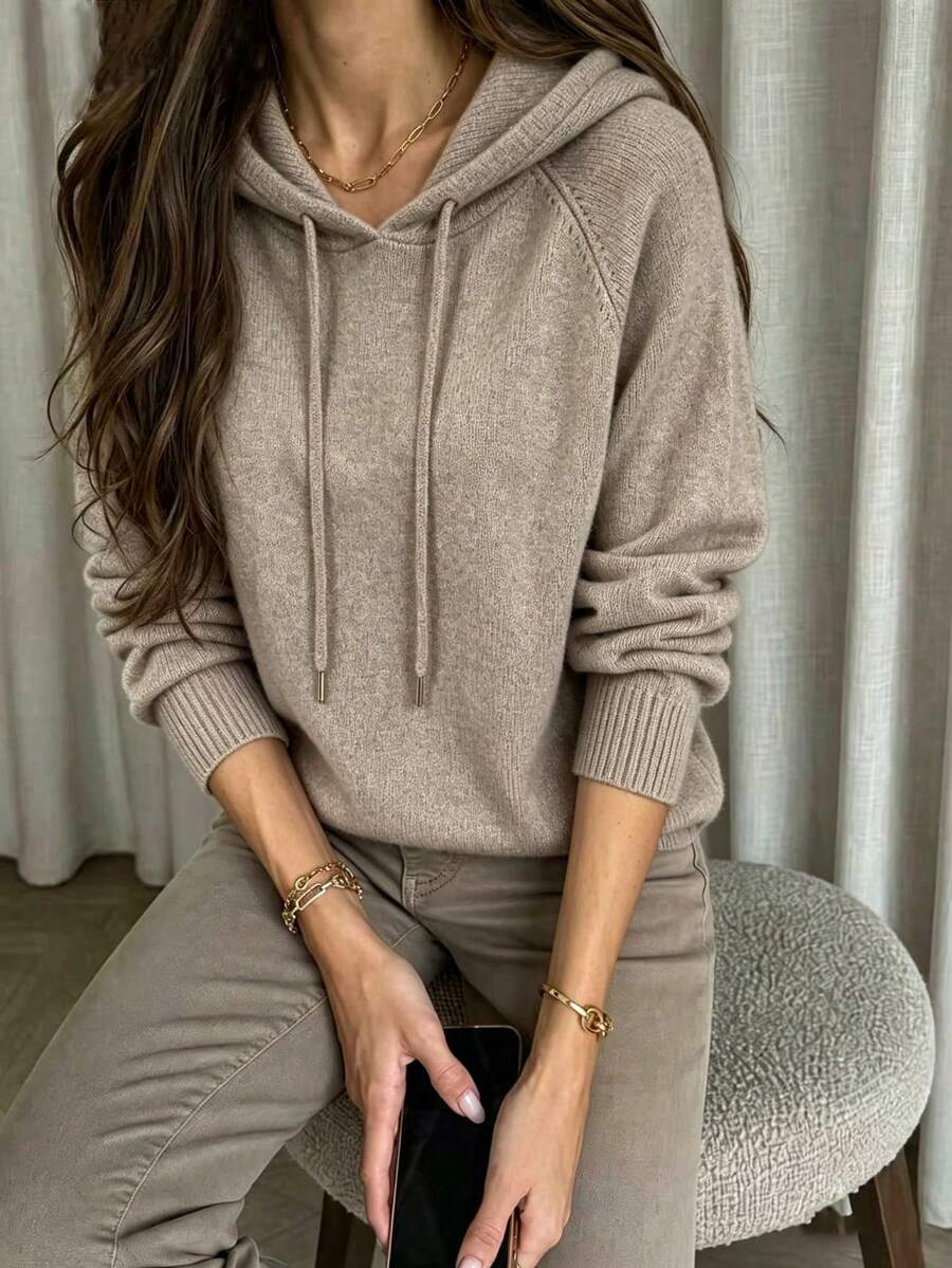 Women's Soft Knit Hooded Sweater, Autumn/Winter Loose Fit Slimming Drawstring Pullover, Raglan Sleeve Solid Color Long Sleeve Casual Top, Versatile Soft Knit Innerwear/Outerwear For Commuting And Daily Wear - Camel - View 1