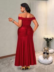 BIUBIU Formal Plus Size Red Off Shoulder Bodycon Prom Dress, Elegant Knitted Flared Long Gown With Ruched Twist Details For Women's Parties & Evening Events - Burgundy - View 2