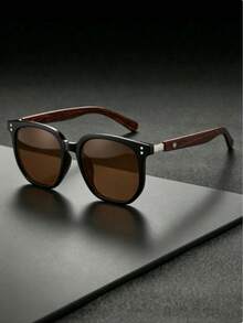 AOOBCC 1pc New Personalized Men's Celebrity Style Glasses, Fashionable Tea Color Retro Eyewear, Small Frame Round Glasses With Rivets, Suitable For Men And Women - Mocha Brown - View 1