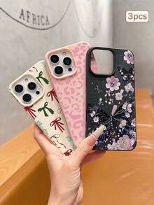 3pcs Multicolor Printed Leather Texture TPU Shockproof Full Coverage Protective Phone Case Compatible With Apple 11/12/13/14/15/16/17 Pro Max - Multicolor - View 3