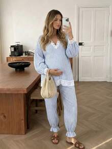Bump Style Maternity 2 Pieces Blue Striped Pajama Set: Lace Trim Elastic Belly Area Long Sleeve, Suitable For Sleep And Home Leisure - Blue - View 3