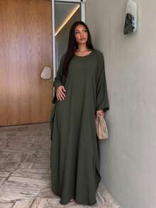 Solid Color Loose Long Sleeve Abaya Round Neck Flowy Conservative Muslim Women's Maxi Dress - Multicolor - View 3