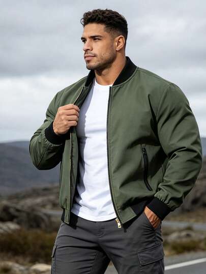 Chaqueta bomber de hombre verde militar con contraste de canalé, bolsillo con cremallera, unicolor, corte holgado, estilo minimalista casual, prenda exterior versátil y elegante, cálida para uso diario y deportes al aire libre en otoño, Falloutfits