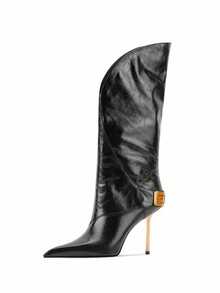 Women's Tall Boots, European And American New Style, Leather Pointed Toe High Heel Long Boots, Thin Heel Riding Boots, Winter - Black - View 3