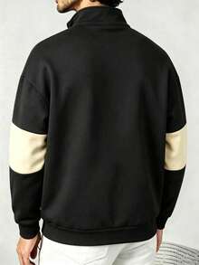 Men's Autumn/Winter Casual Fashion Versatile Color-Block Minimalist "MILANO" Print Comfortable Half-Zip Long Sleeve Sweatshirt - Black - View 5