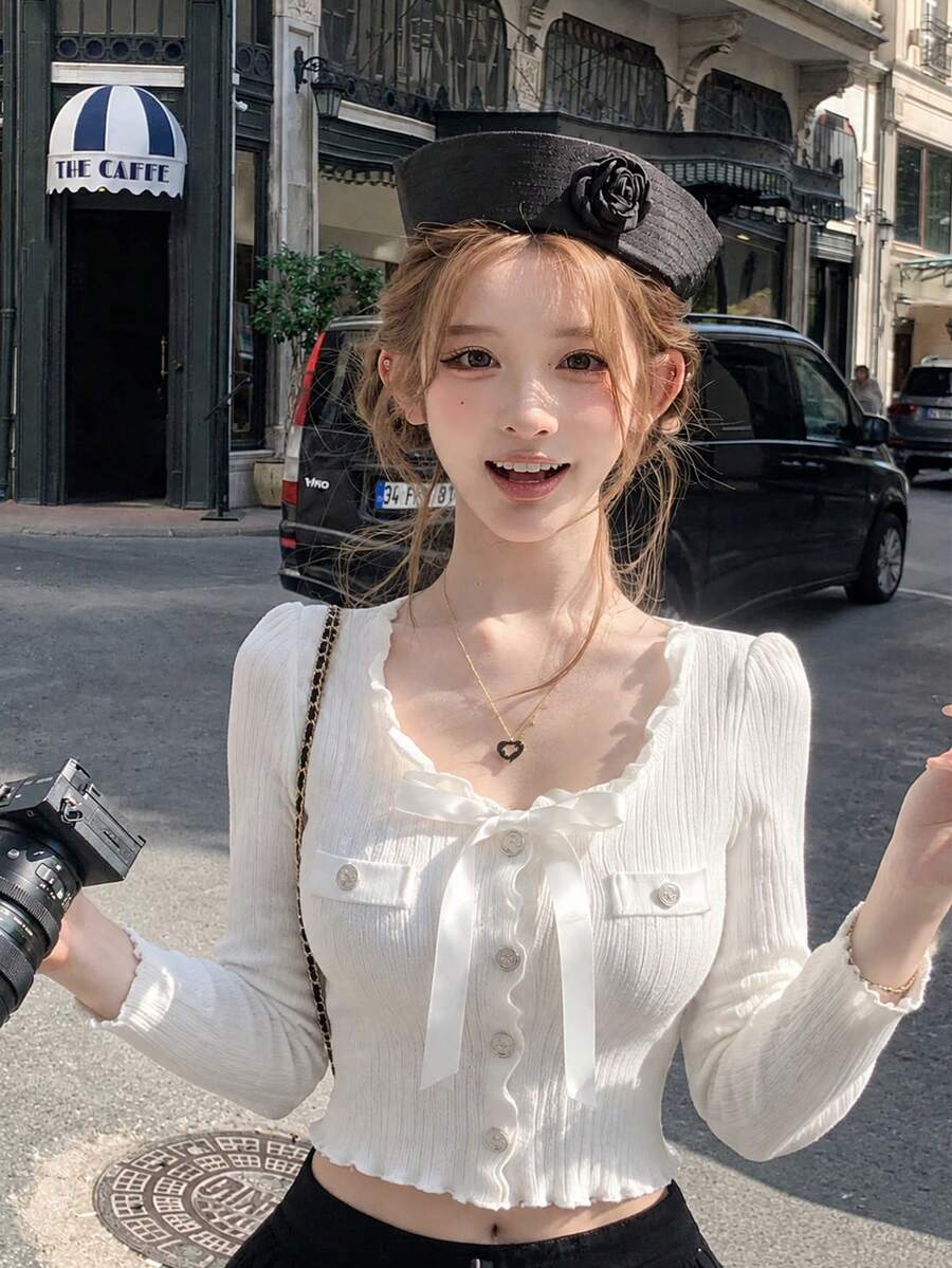 Autumn/Winter New Bow Ribbon Sexy Style Fitted Short Cardigan With Frill Trim, Single-Breasted Metal Buttons, Long Sleeves, Suitable For Outings, Dates, Vacations, Parties, Commuting - Milky White - View 1