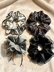 1pc Vintage Ruffle Large Satin Chiffon Hair Scrunchie, Hair Accessory, Suitable For Daily Wear, Autumn, Hair Clip, Hair Accessory - Multicolor - View 1