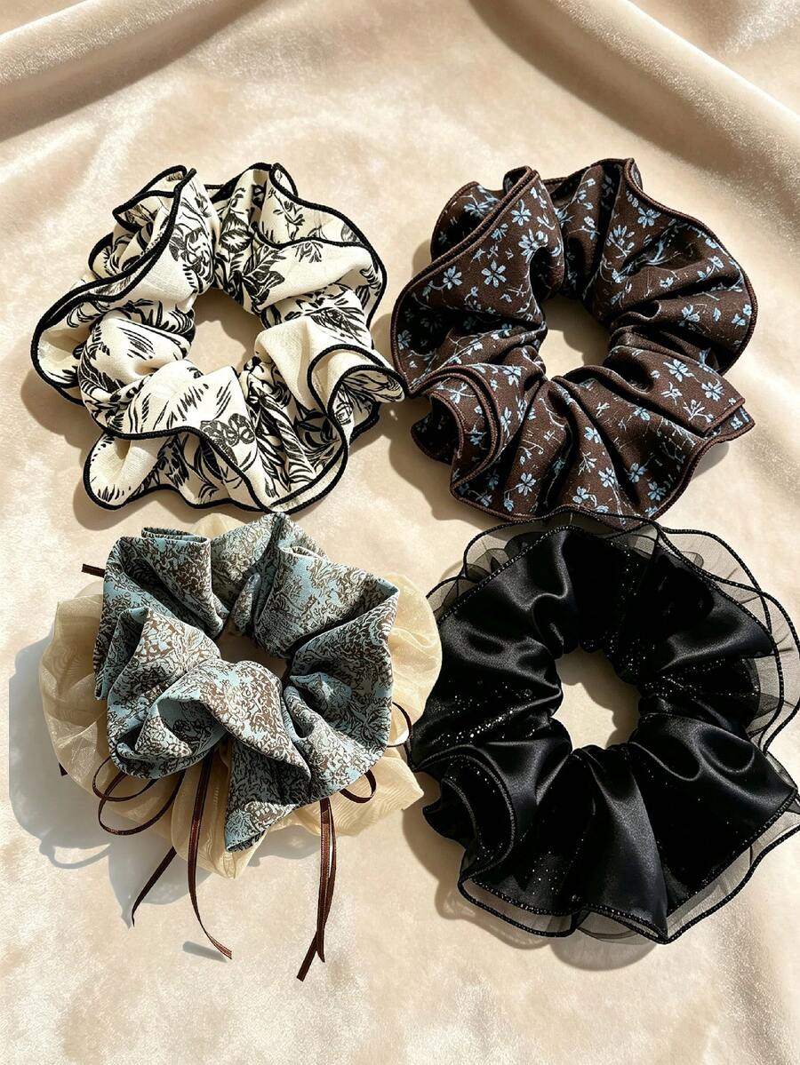 1pc Vintage Ruffle Large Satin Chiffon Hair Scrunchie, Hair Accessory, Suitable For Daily Wear, Autumn, Hair Clip, Hair Accessory - Multicolor - View 1