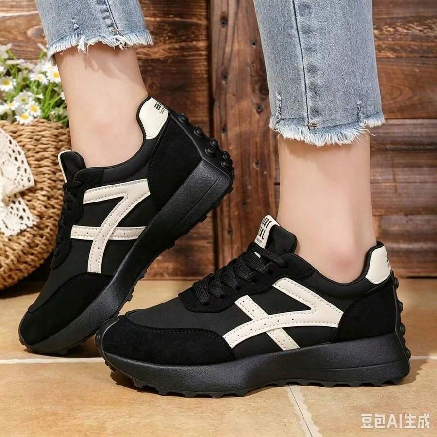 女款棕色PU皮革粗跟運動鞋,隱藏增高設計,厚底平台鞋底,休閒運動鞋 - 黑色 - 查看 1
