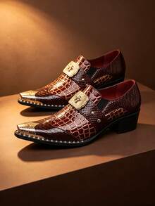 QRLQRL 1 Pair Men's Snakeskin Pattern Ornate Fashion Retro Microfiber Leather Rivet Metal Decor Buckle Dress Casual Shoes Suitable For Party And Daily Activities - Red - View 2