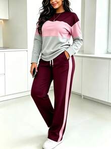 Spring Autumn Winter New Fashion Colorblock Patchwork Round Neck Long Sleeve T-Shirt And Pants 2 Pieces Set - Burgundy - View 2