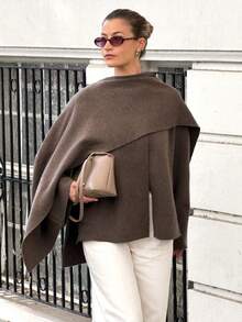 Áo cardigan len nữ dáng rộng tay dài, thiết kế cắt bất đối xứng kiểu khăn choàng, thời trang Thu/Đông, phong cách thường ngày - Màu nâu Sô-cô-la - Xem 2