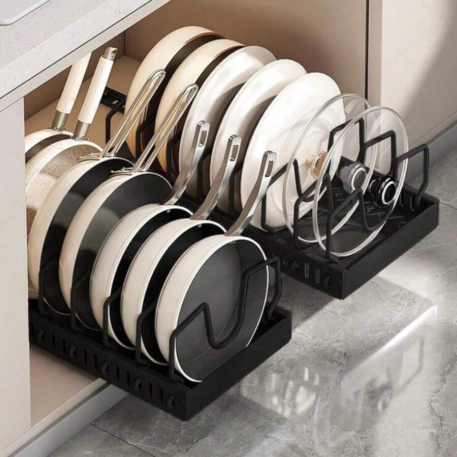 1pc Pull-Out Kitchen Cabinet Pot & Pan Rack With Sliding Lid Holder And Pot Rack, For Storing Lids, Baking Tools And Cookware In Cabinet - Black - View 1