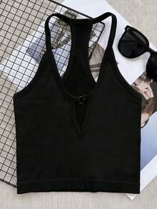 DINBEY Women's 3Pcs Seamless Racerback Workout Tank Top, Ring Cutout V Neck Ribbed Cropped Athletic Sports Camisole For Gym Daily Wear - Black - View 2