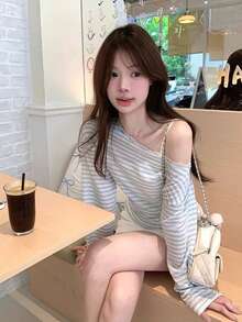 Design Lace Trim One Shoulder Fitted Cover-Up Top Women Autumn New Style Lazy Korean Striped Long Sleeve T-Shirt - Blue and White - View 6