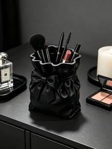 Cute Bow Decor Makeup Brush Holder, PU Leather Drawstring Bag Style Cosmetic Storage Cup, Desktop Vanity Organizer Box, Suitable For Lipstick, Eyebrow Pencil, Women's Makeup Table Decor Gift - Multicolor - View 7