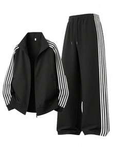 Men's Spring/Autumn Thin Sports Casual Fashion Outdoor Jacket & Pants Set - Black - View 2
