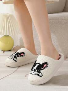 Sandal Rumah Pria Motif Kartun Bulldog Bordir Mewah untuk Musim Gugur/Dingin, Sandal Rumah Hangat dengan Lapisan Termal Tebal - Putih - View 3