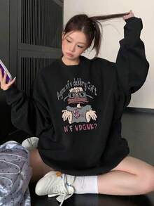Unisex Cartoon Fashion Glasses Duck Front Print Black Crew Neck Sweatshirt, Streetwear Style, Versatile Autumn/Winter Sweatshirt - Black - View 8